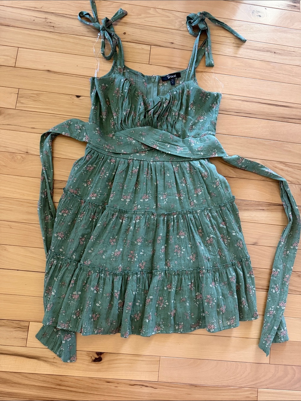 Trixxi Green Floral Tie-Shoulder Tiered Sundress